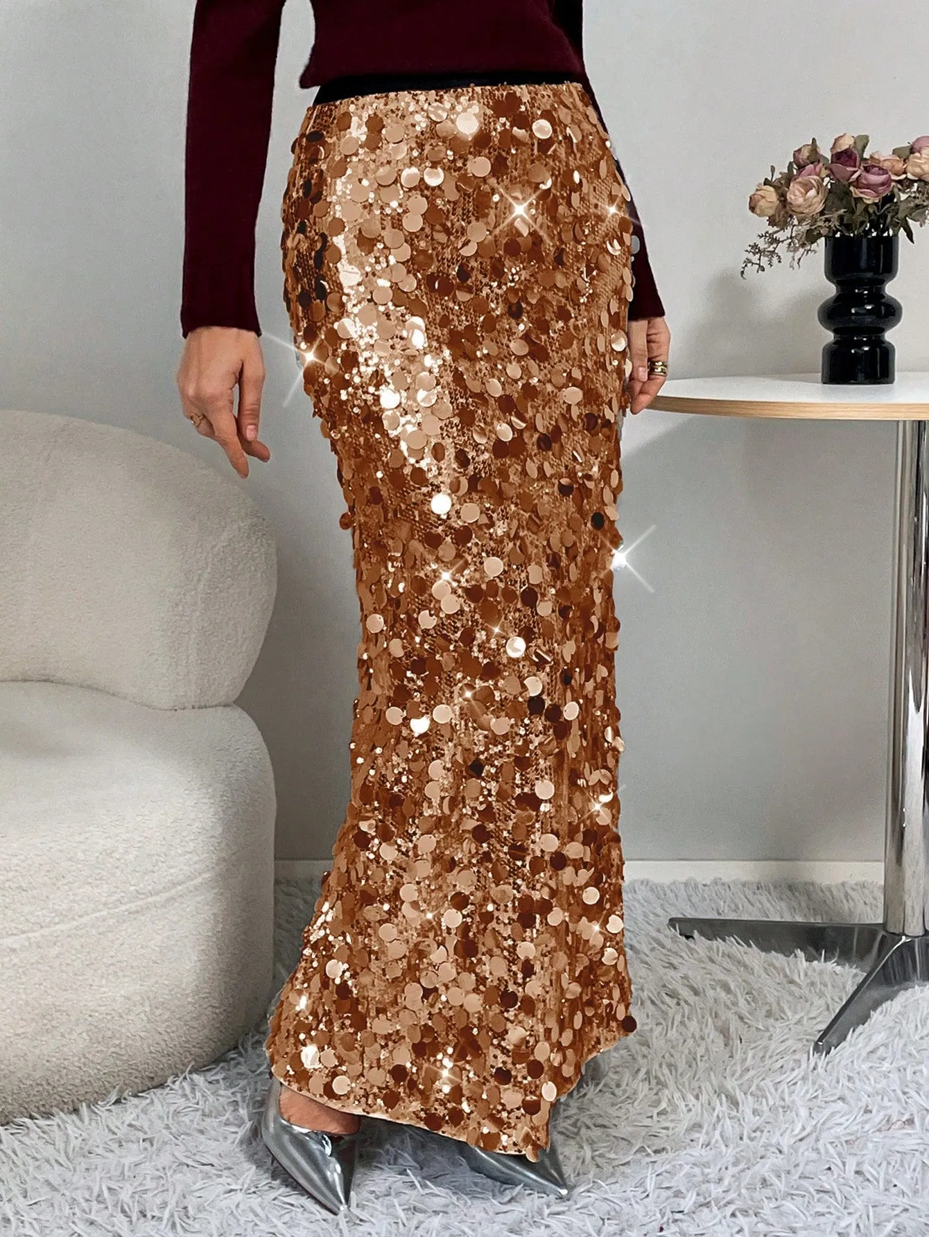 Essnce Women's Sequin Decorated Slim Fit Skirt, For Party & Gathering