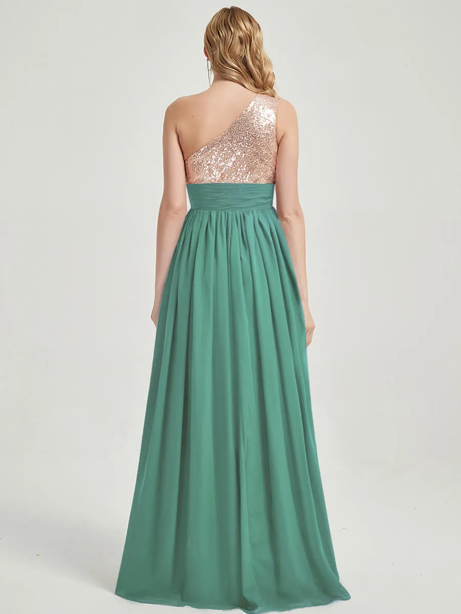 Eucalyptus One-Shoulder Sleeveless Chiffon Sequin Bridesmaid Dress