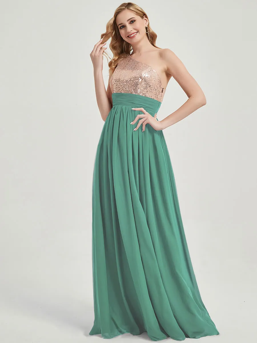Eucalyptus One-Shoulder Sleeveless Chiffon Sequin Bridesmaid Dress