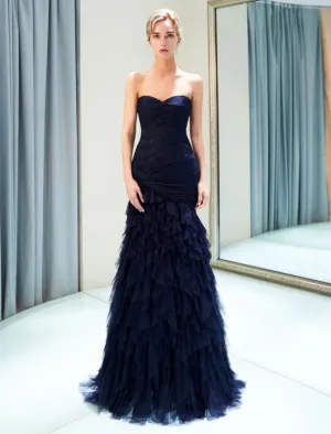 Evening Dresses Luxury Dark Navy Strapless Sweetheart Tiered Maxi Mermaid Prom Dress