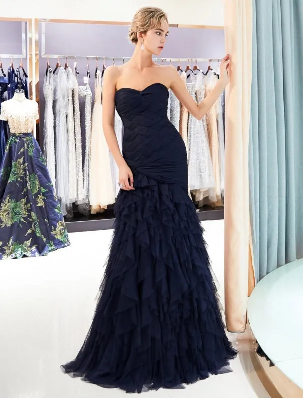 Evening Dresses Luxury Dark Navy Strapless Sweetheart Tiered Maxi Mermaid Prom Dress