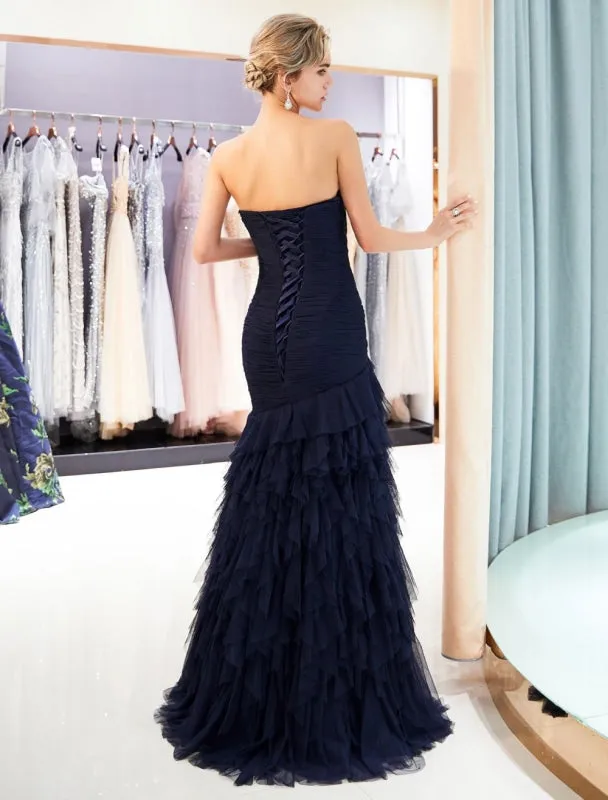 Evening Dresses Luxury Dark Navy Strapless Sweetheart Tiered Maxi Mermaid Prom Dress