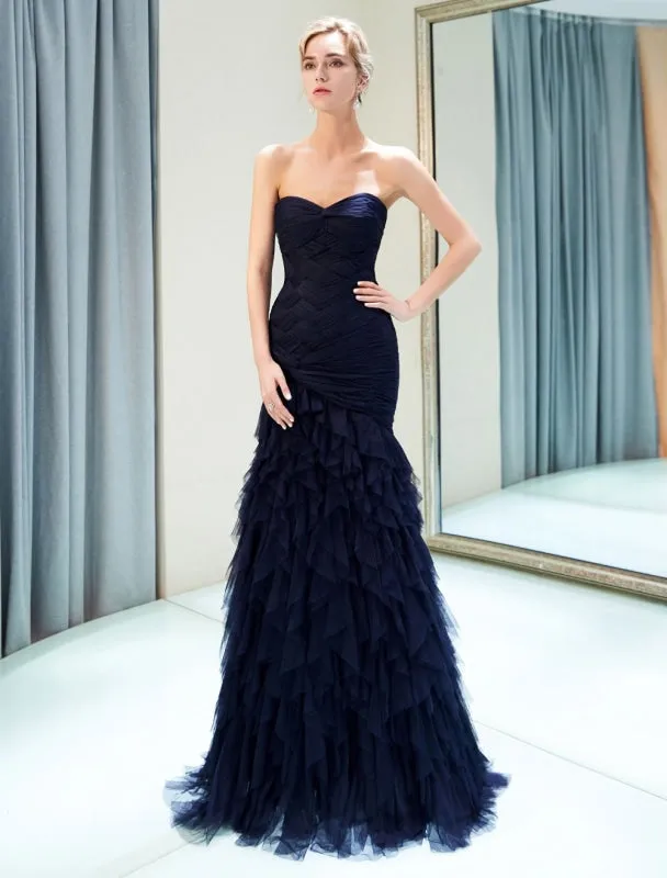 Evening Dresses Luxury Dark Navy Strapless Sweetheart Tiered Maxi Mermaid Prom Dress