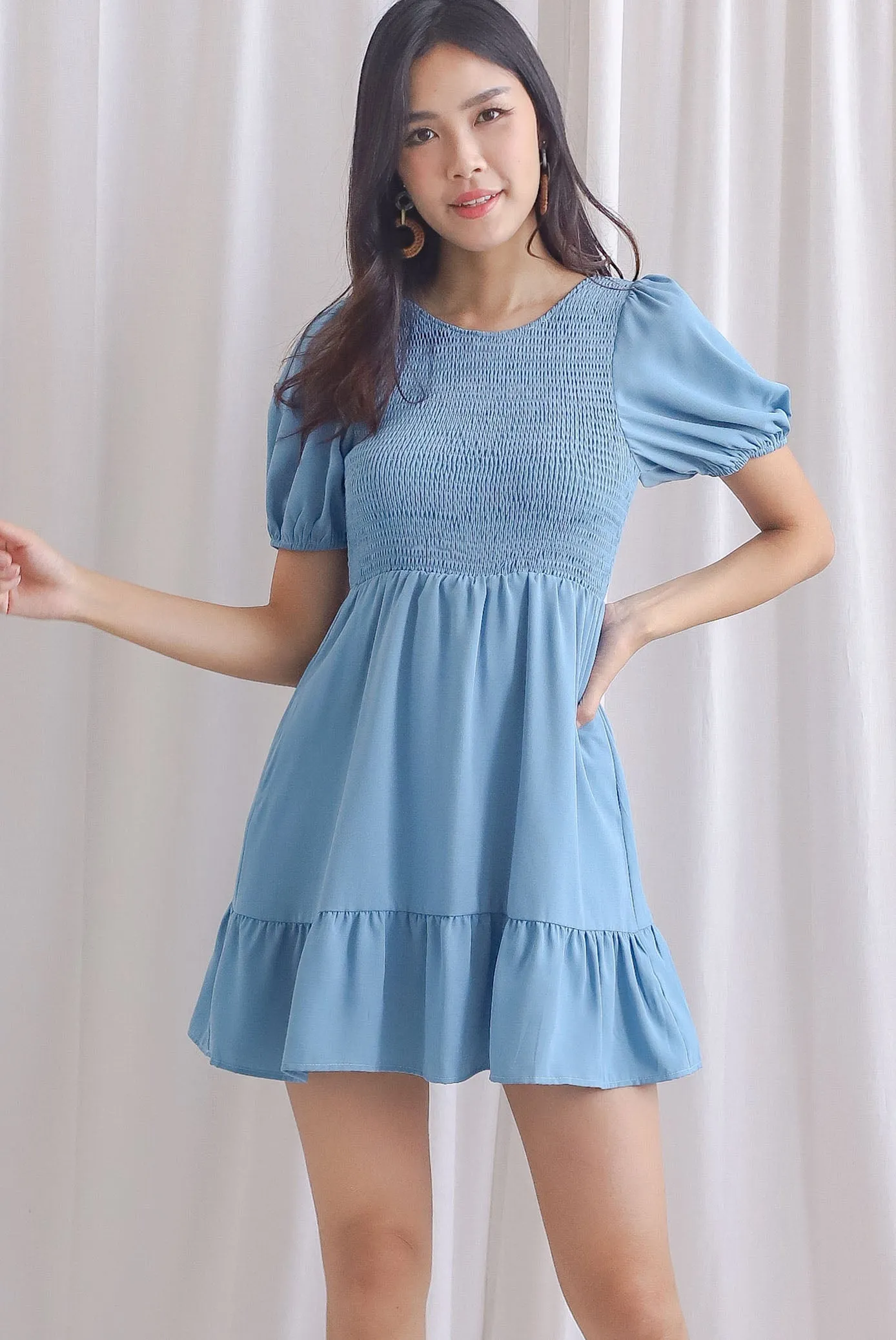 Everleigh Two Ways Smocked Dress Romper In Steel Blue