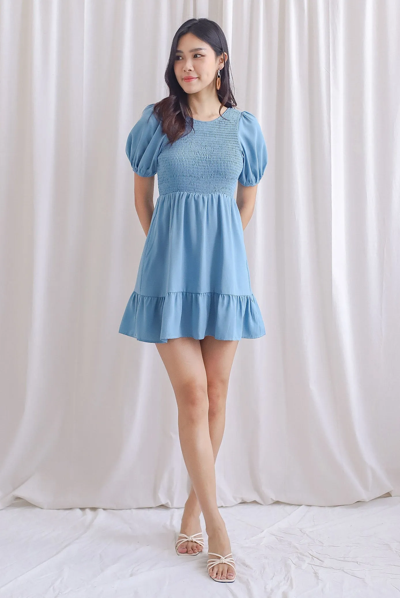 Everleigh Two Ways Smocked Dress Romper In Steel Blue