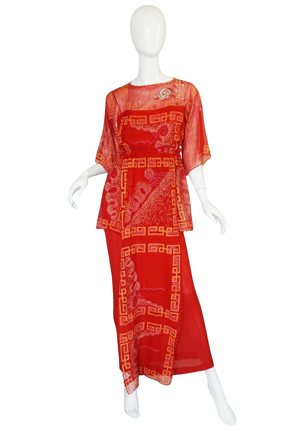 Fall 1979 Zandra Rhodes Book Piece 'Chinese Squares' Printed Red Silk Chiffon Dress