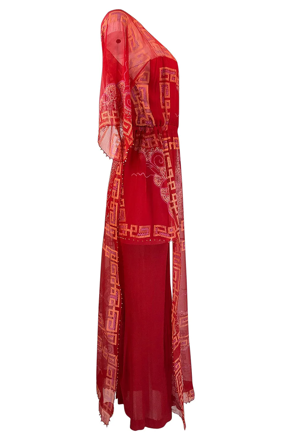 Fall 1979 Zandra Rhodes Book Piece 'Chinese Squares' Printed Red Silk Chiffon Dress