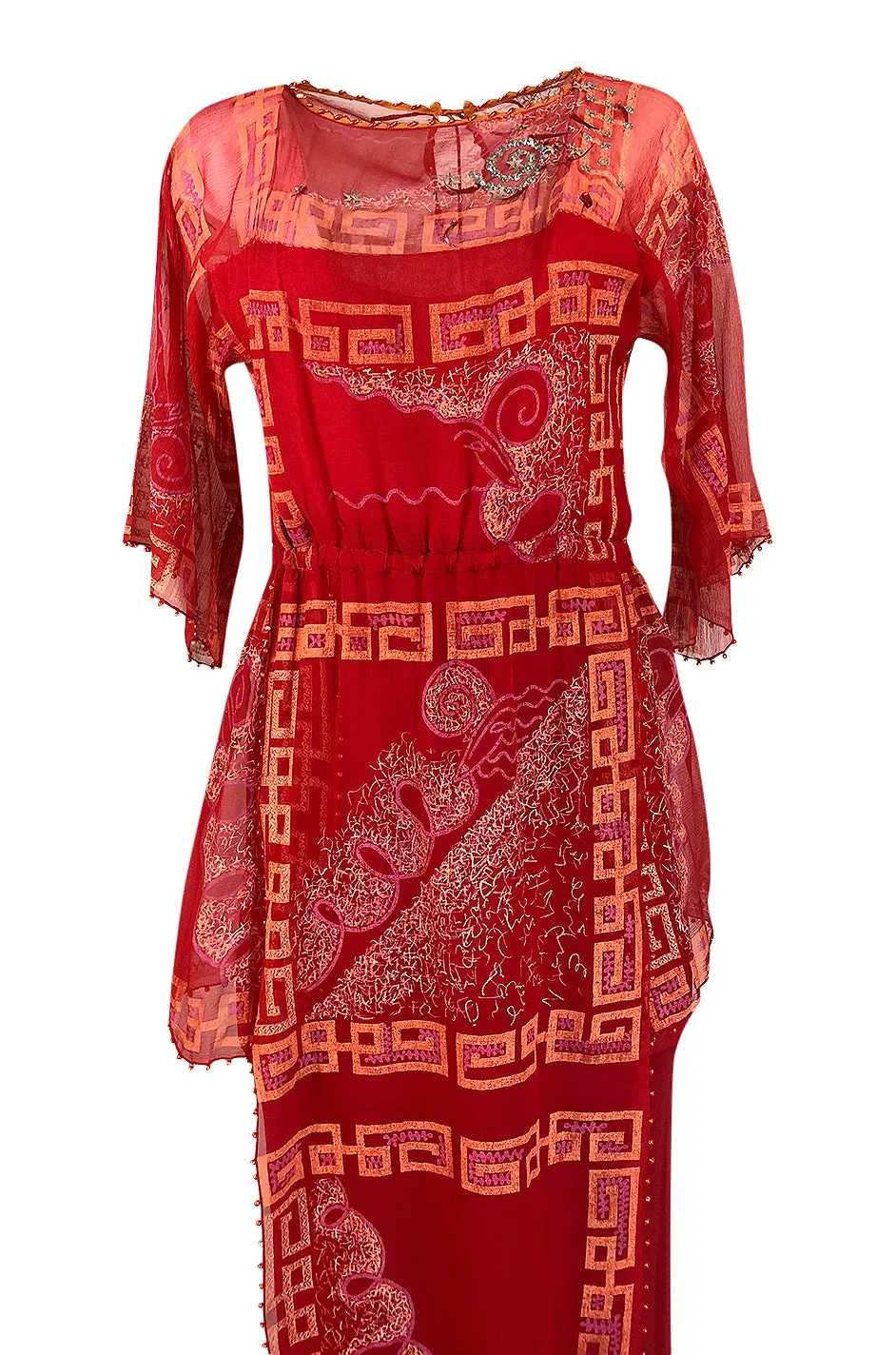 Fall 1979 Zandra Rhodes Book Piece 'Chinese Squares' Printed Red Silk Chiffon Dress