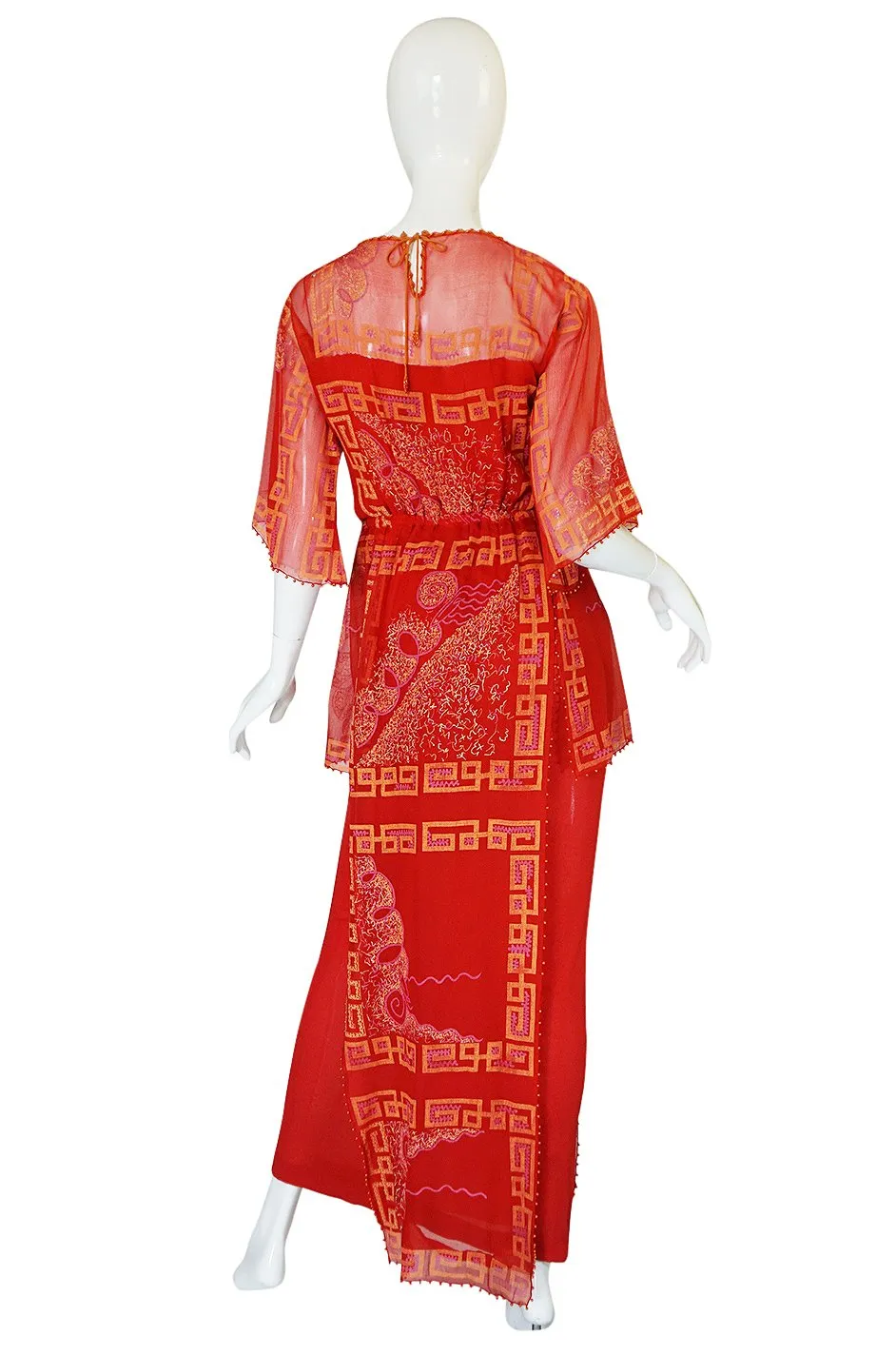Fall 1979 Zandra Rhodes Book Piece 'Chinese Squares' Printed Red Silk Chiffon Dress