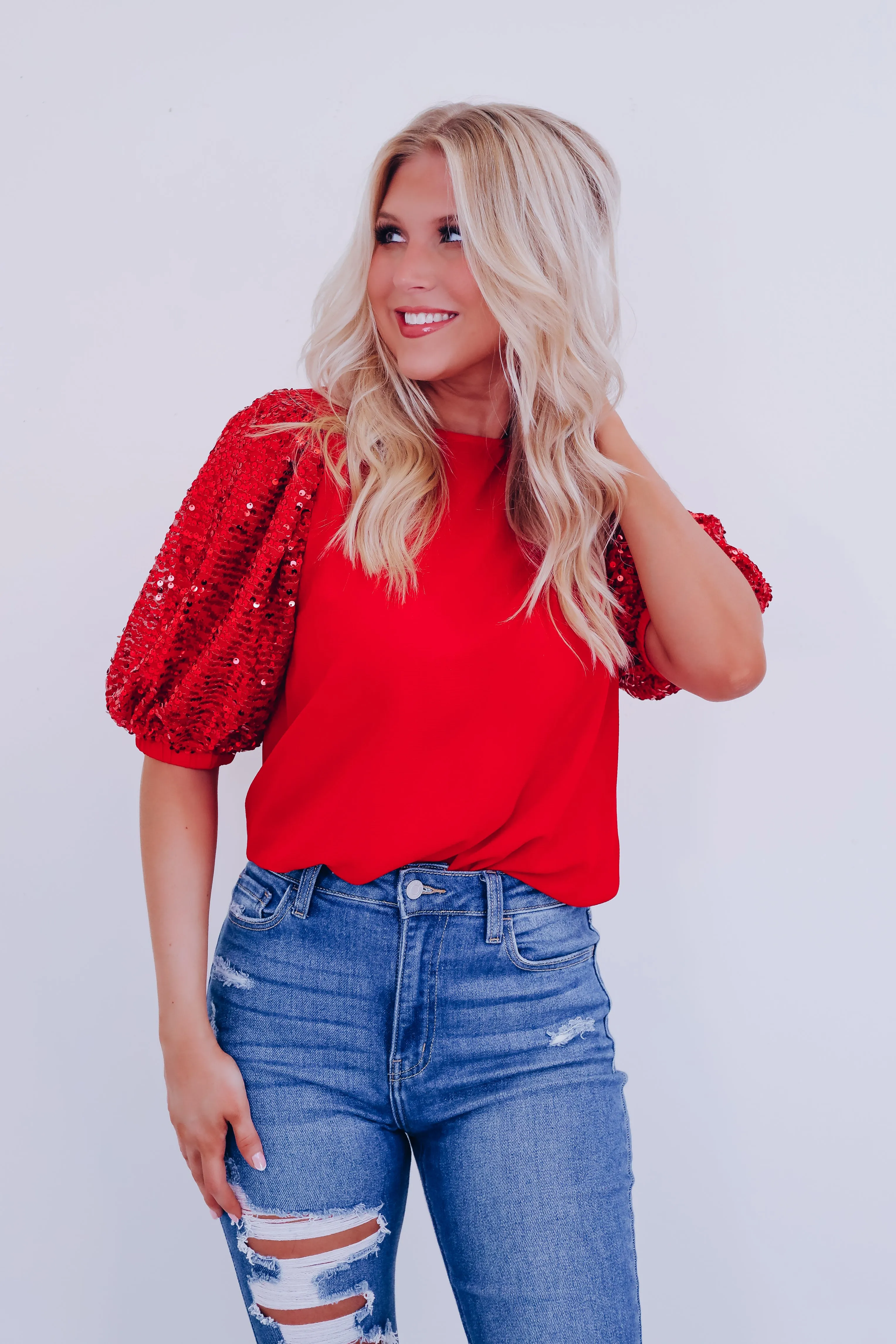 Fancy Affair Sequin Sleeve Top - Red