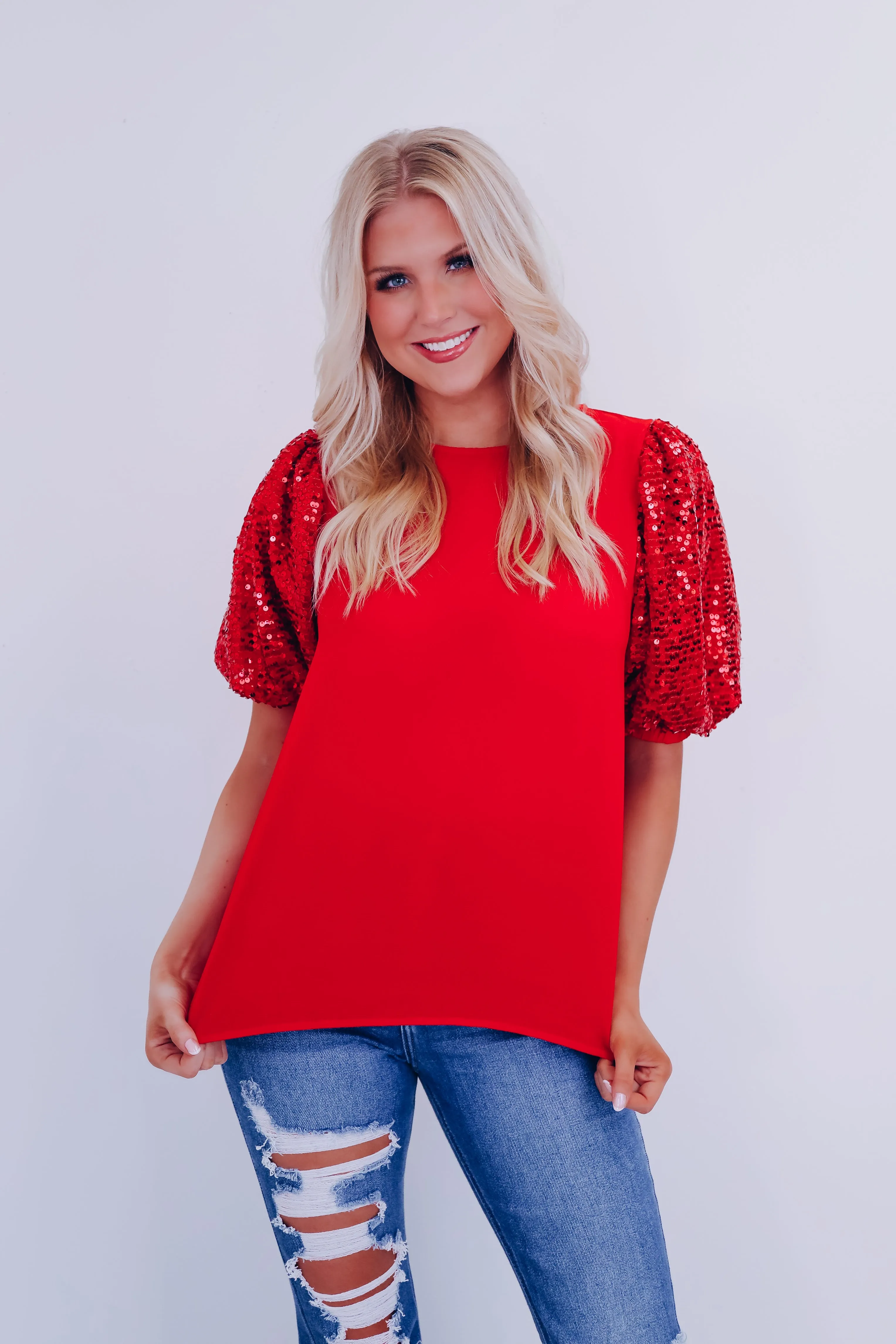 Fancy Affair Sequin Sleeve Top - Red