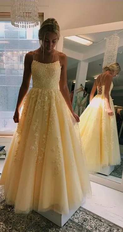 Fashion Ball Gown Double Straps Yellow Prom Dress