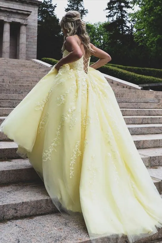 Fashion Ball Gown Double Straps Yellow Prom Dress