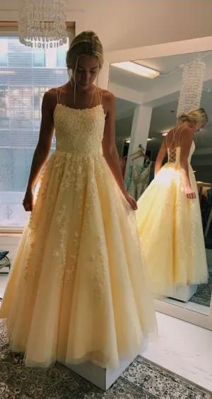 Fashion Ball Gown Double Straps Yellow Prom Dress