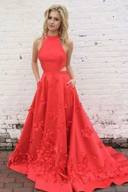 Fashion Halter Neckline Red Prom Dress