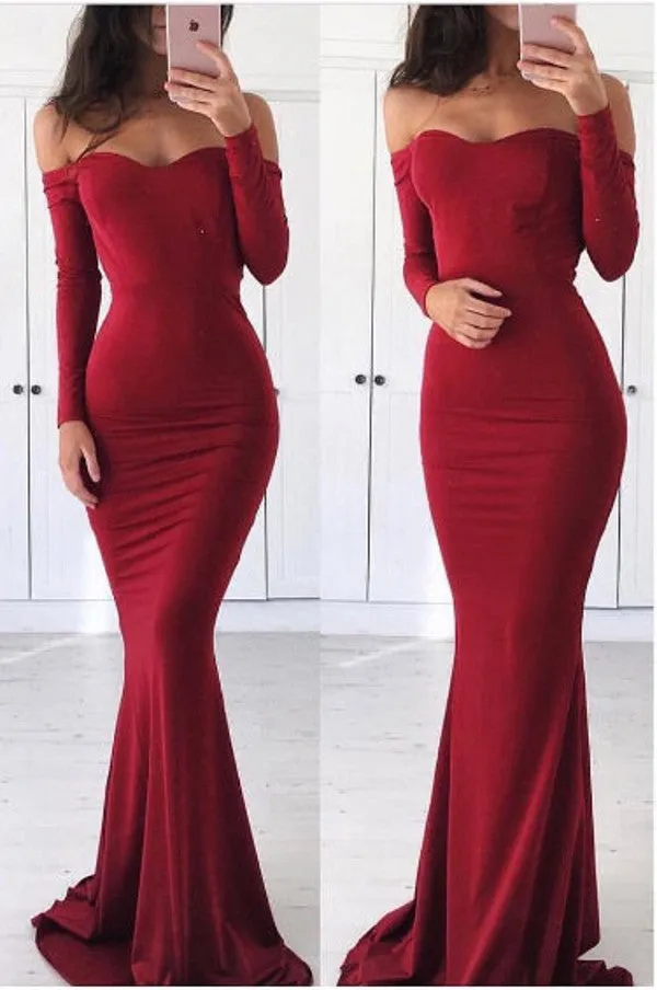 Fashion Long Sleeve Deep Red Tight Evening Dress
