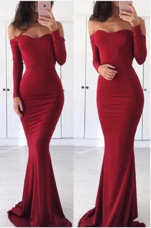 Fashion Long Sleeve Deep Red Tight Evening Dress