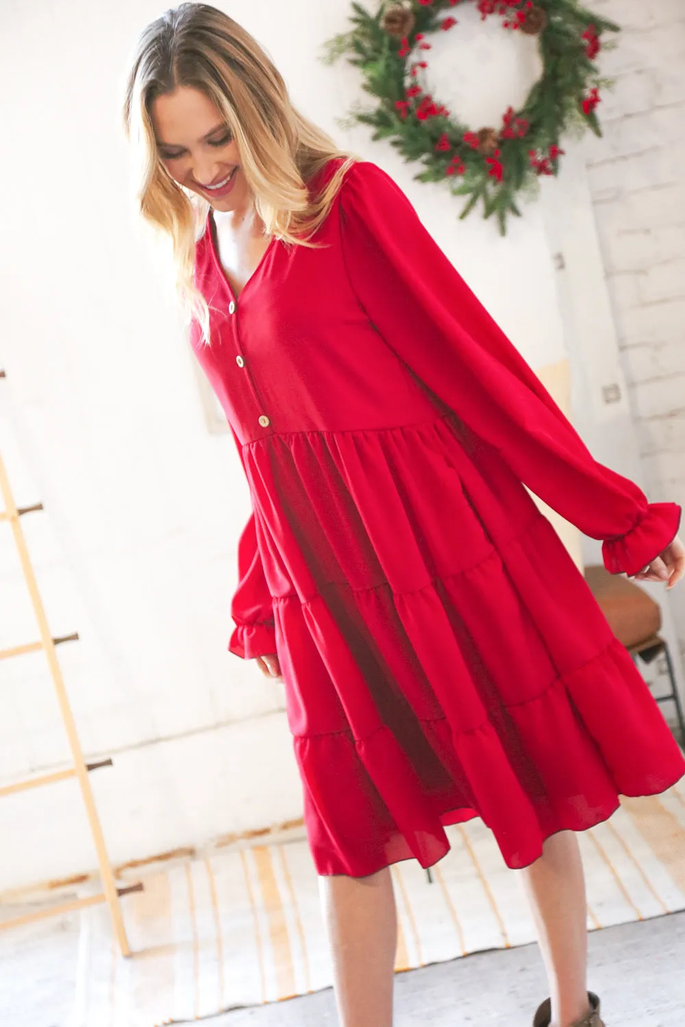 Festive Crepe V Neck Button Ruffle Tiered Lined Dress