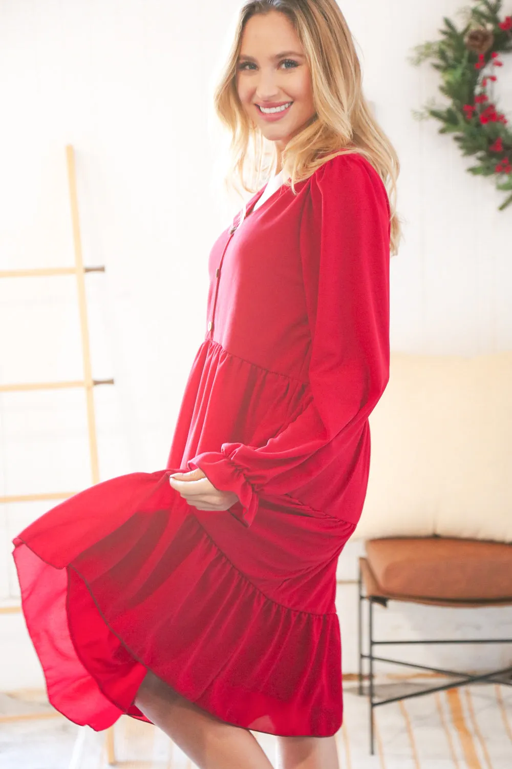 Festive Crepe V Neck Button Ruffle Tiered Lined Dress