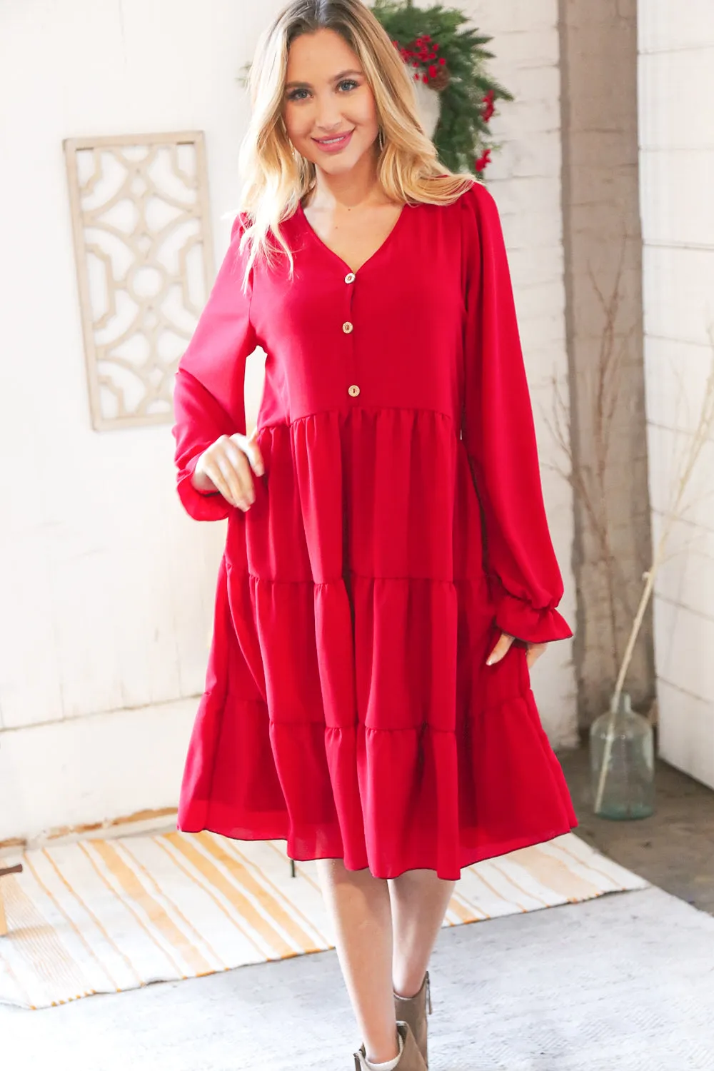 Festive Crepe V Neck Button Ruffle Tiered Lined Dress