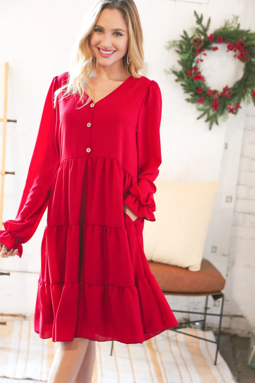 Festive Crepe V Neck Button Ruffle Tiered Lined Dress