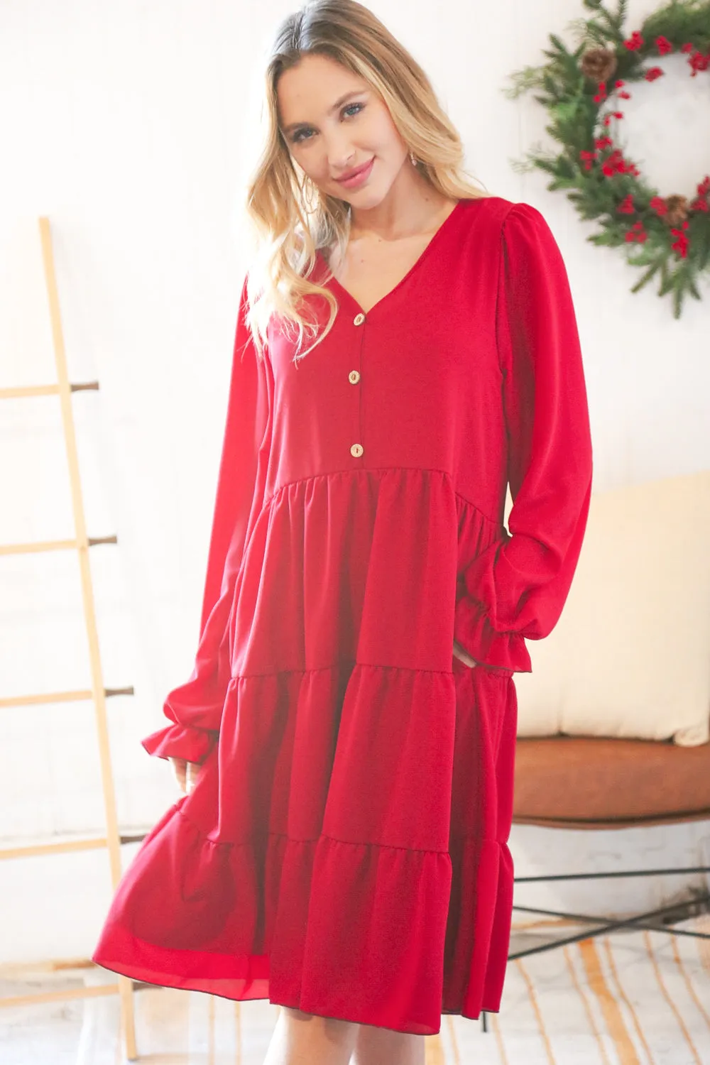 Festive Crepe V Neck Button Ruffle Tiered Lined Dress