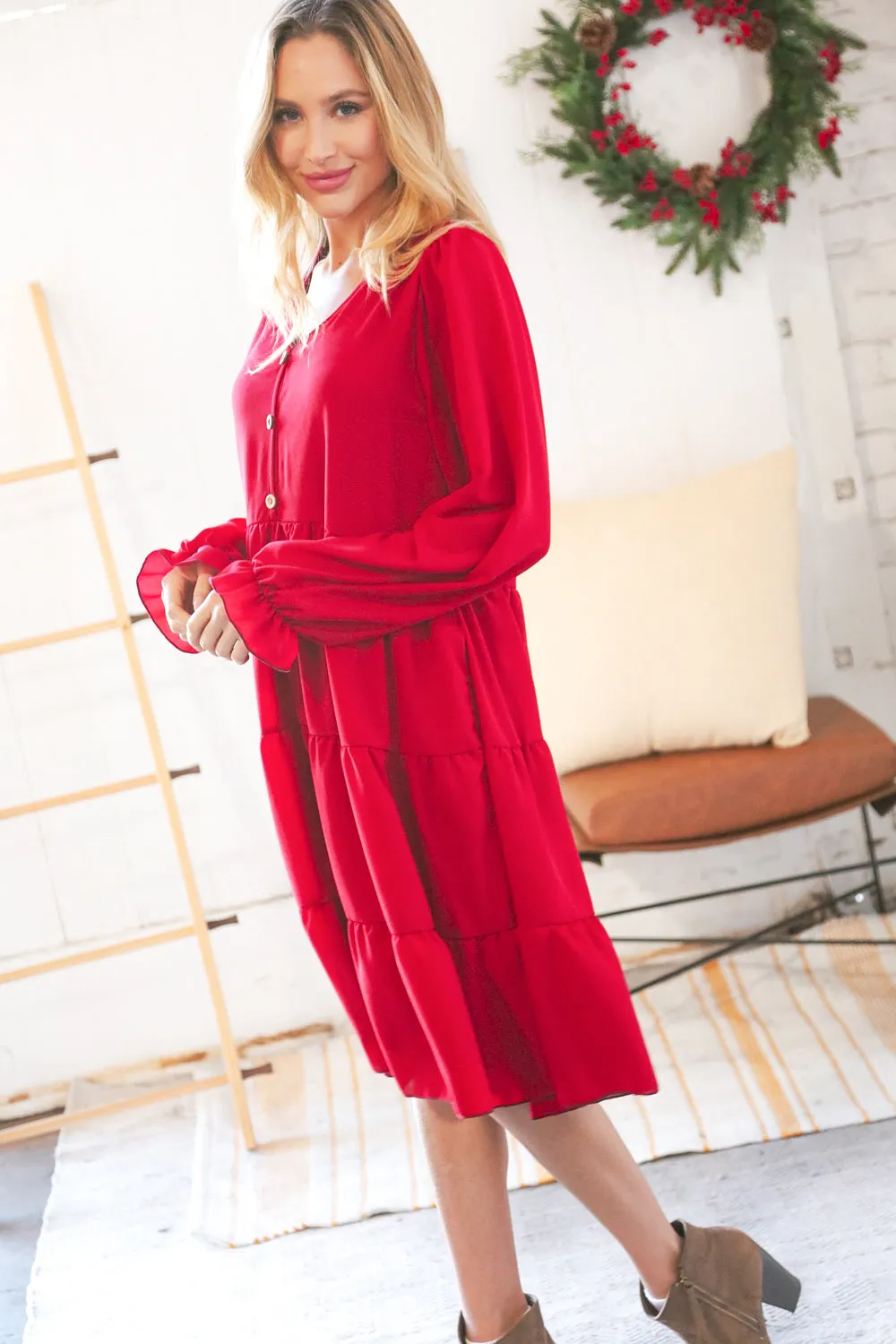 Festive Crepe V Neck Button Ruffle Tiered Lined Dress