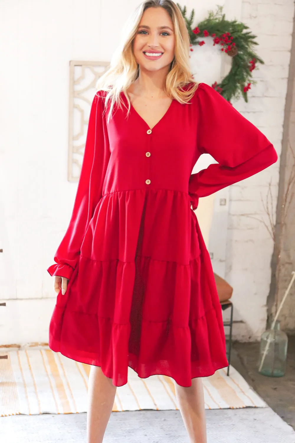 Festive Crepe V Neck Button Ruffle Tiered Lined Dress