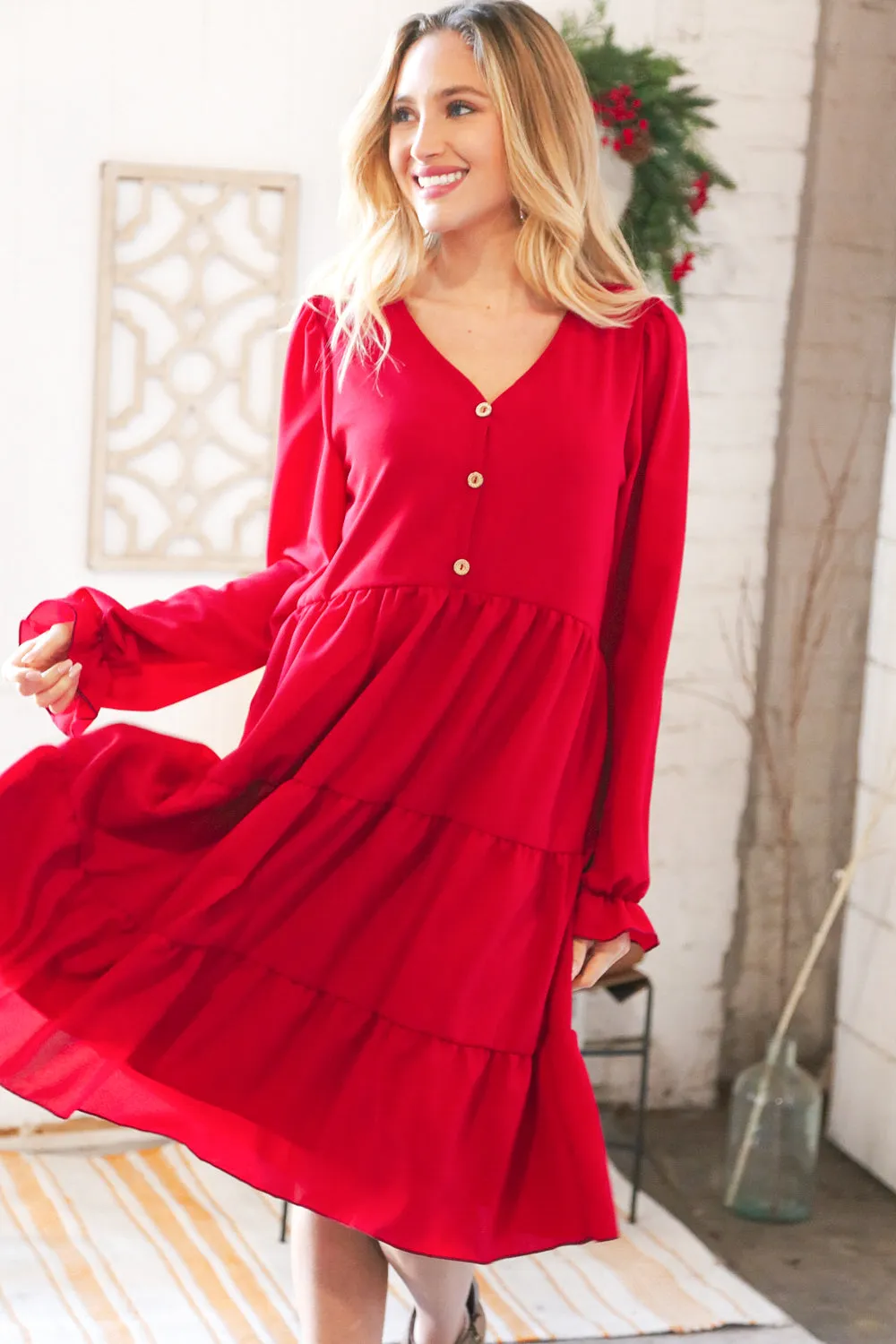 Festive Crepe V Neck Button Ruffle Tiered Lined Dress
