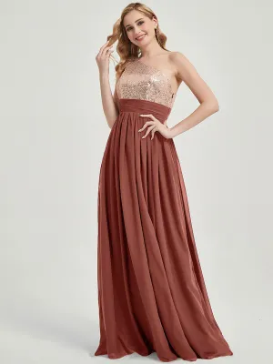 [Final Sale] Cinnamon Rose One-Shoulder Sleeveless Chiffon Sequin Bridesmaid Dress