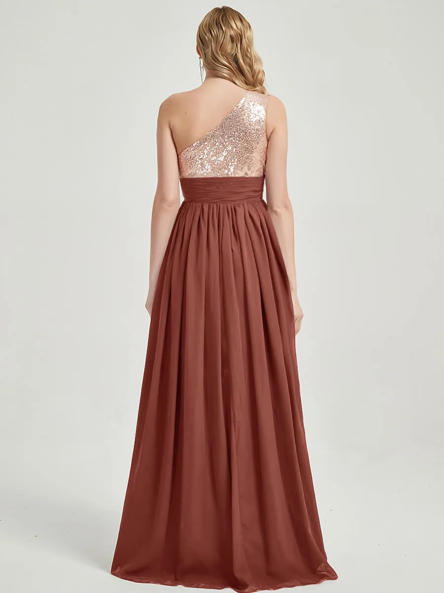 [Final Sale] Cinnamon Rose One-Shoulder Sleeveless Chiffon Sequin Bridesmaid Dress