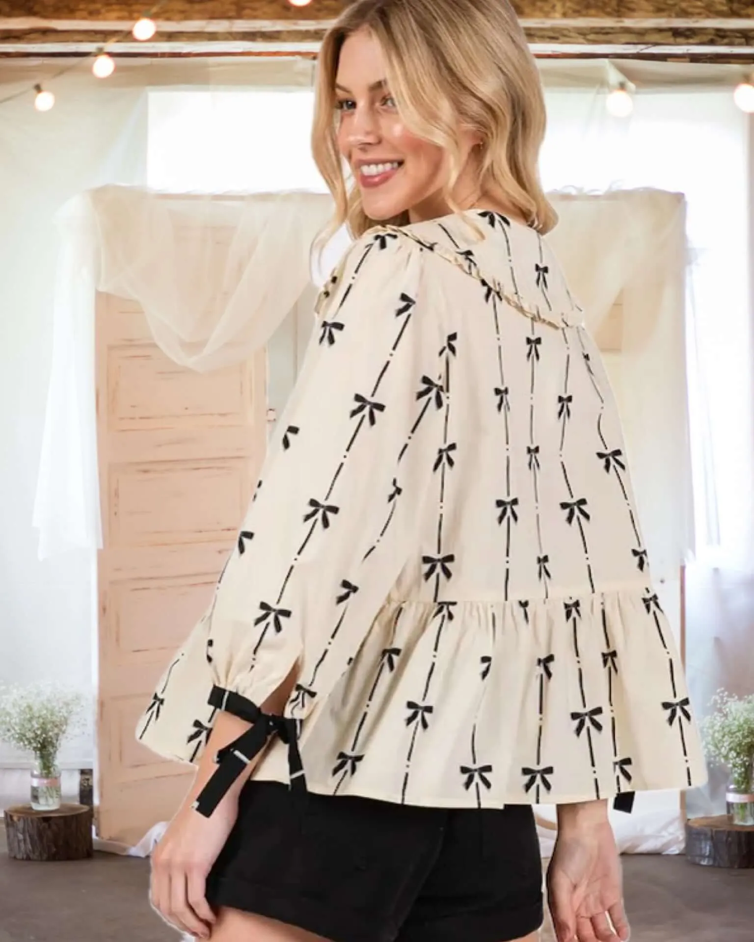 Find Your Happy Bow Print Tie Front Blouse in Cream and Black