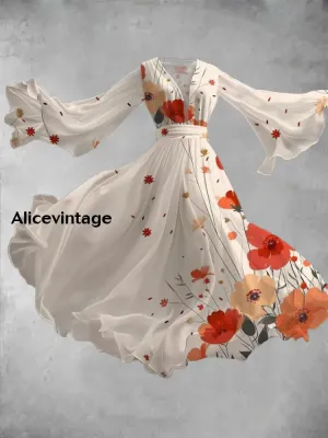 Floral Art Print Vintage V-Neck Long Sleeve Flowy Midi Dress