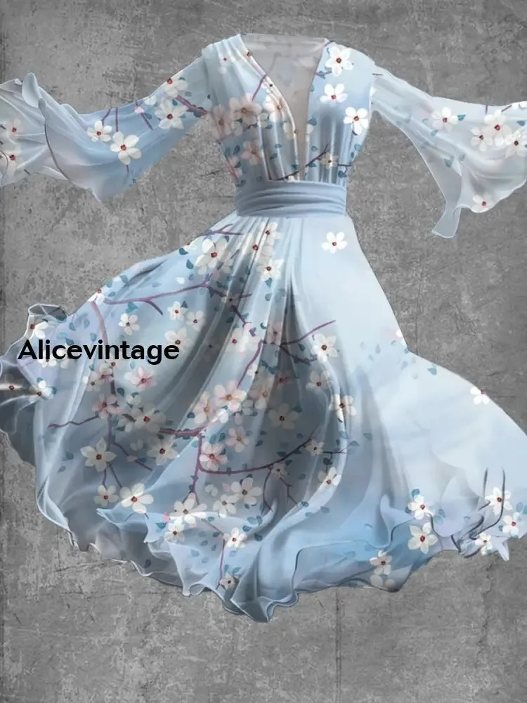 Floral Art Print Vintage V-Neck Long Sleeve Flowy Midi Dress