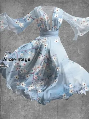 Floral Art Print Vintage V-Neck Long Sleeve Flowy Midi Dress