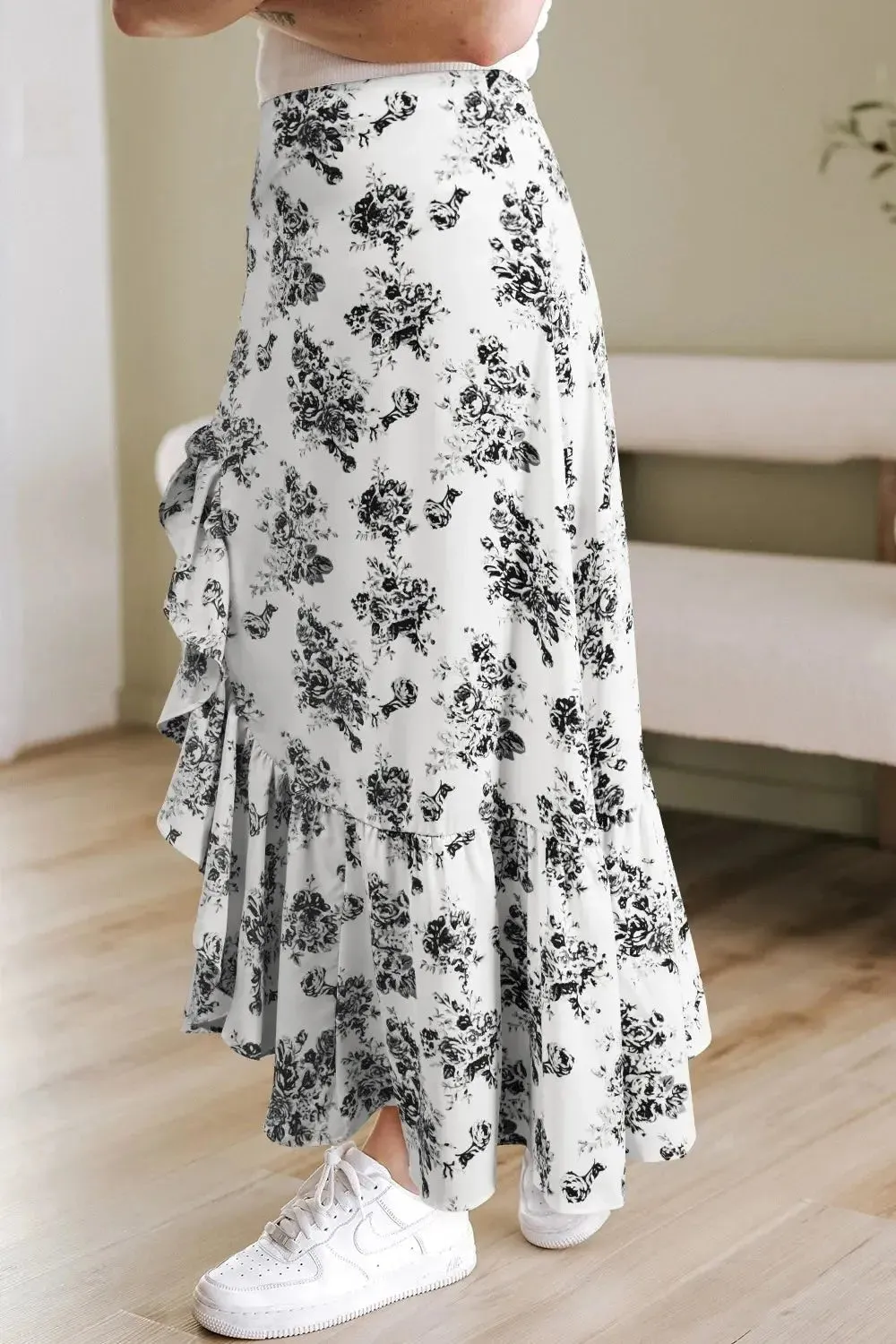 Floral High Waist Ruffle Split Maxi Skirt