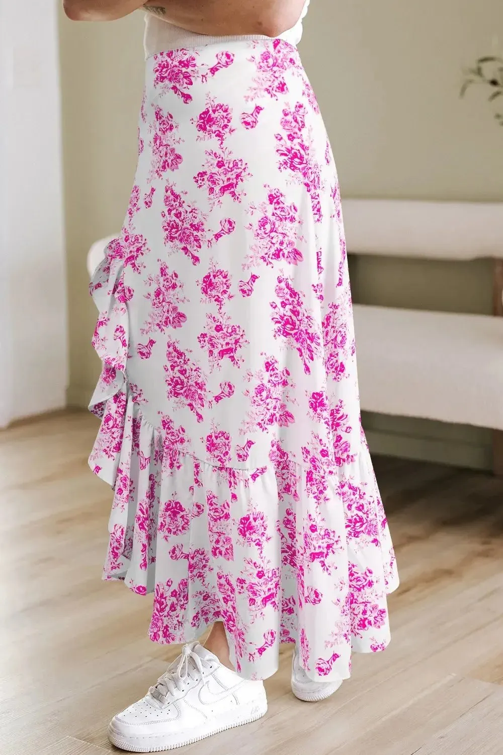 Floral High Waist Ruffle Split Maxi Skirt