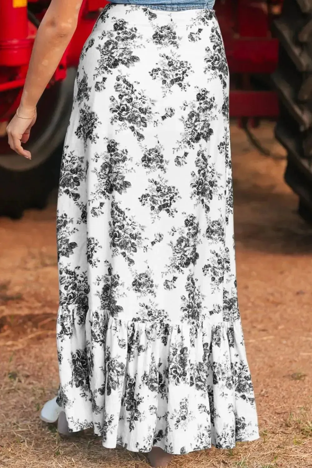 Floral High Waist Ruffle Split Maxi Skirt