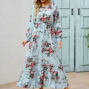 Floral Long Sleeve Maxi Dress: Long Sleeve Loose Crew Neck Dress, Casual Dresses for Spring & Summer, Women's Clothing