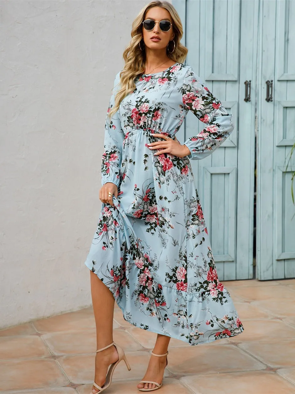 Floral Long Sleeve Maxi Dress: Long Sleeve Loose Crew Neck Dress, Casual Dresses for Spring & Summer, Women's Clothing