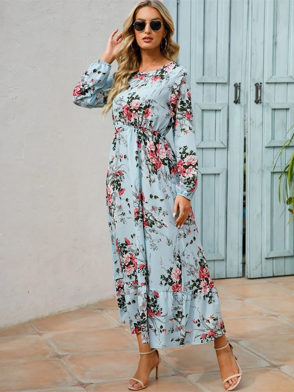 Floral Long Sleeve Maxi Dress: Long Sleeve Loose Crew Neck Dress, Casual Dresses for Spring & Summer, Women's Clothing