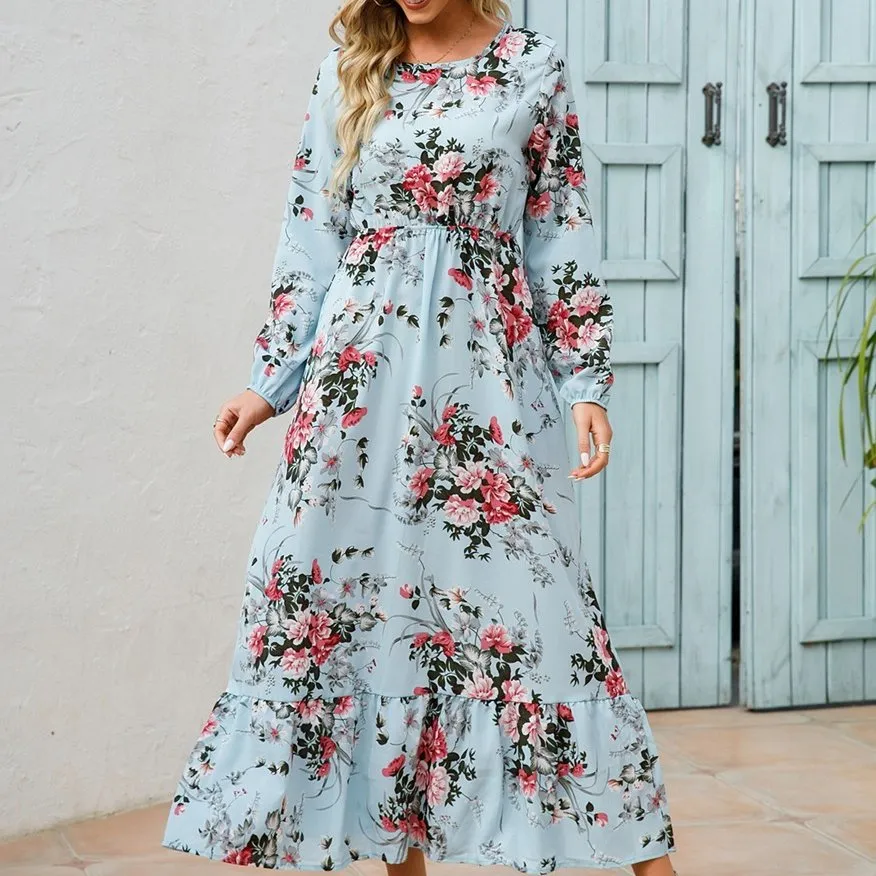 Floral Long Sleeve Maxi Dress: Long Sleeve Loose Crew Neck Dress, Casual Dresses for Spring & Summer, Women's Clothing