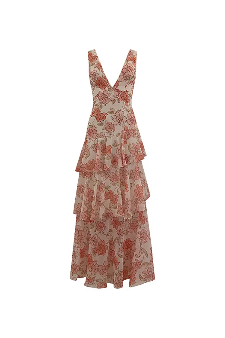 Floral Print Deep V Neck Backless Tiered Ruffled Flowy Hem Maxi Dresses