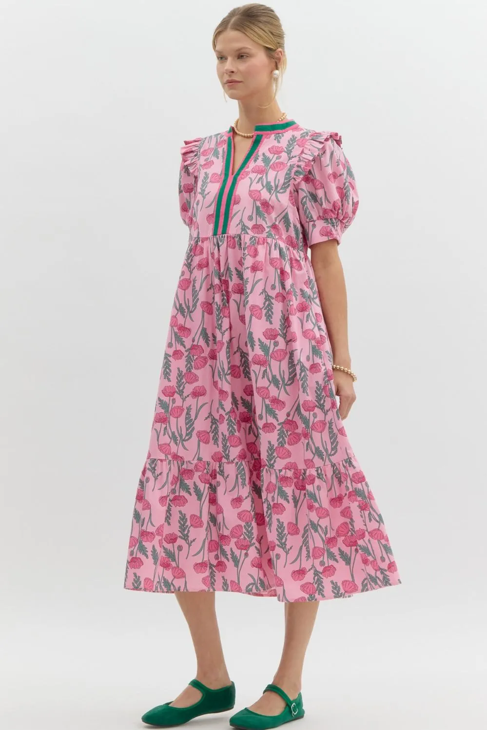 Floral Print Pullover Midi Tiered Dress