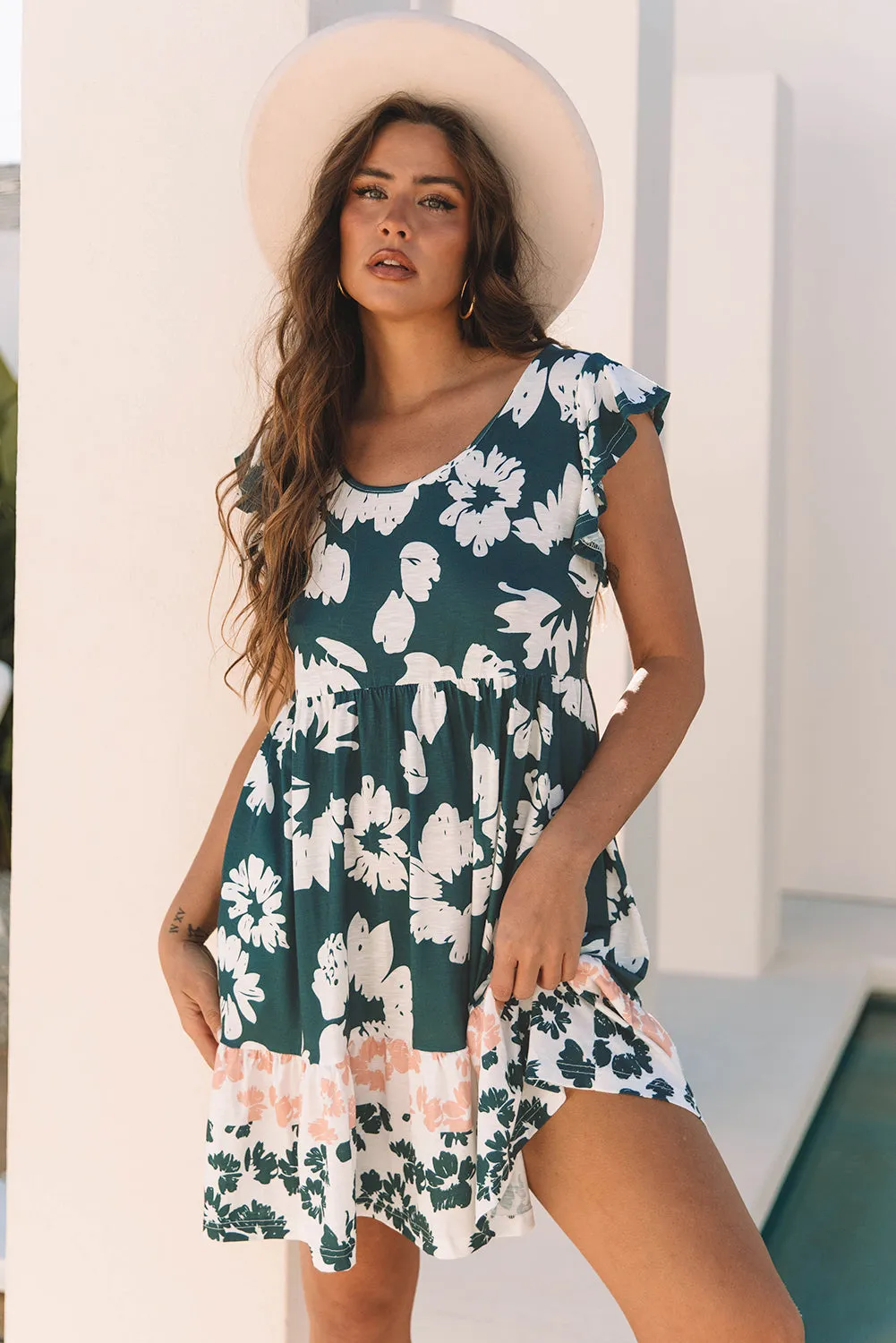 Floral Print Ruffle Sleeve Empire Waist Mini Dress