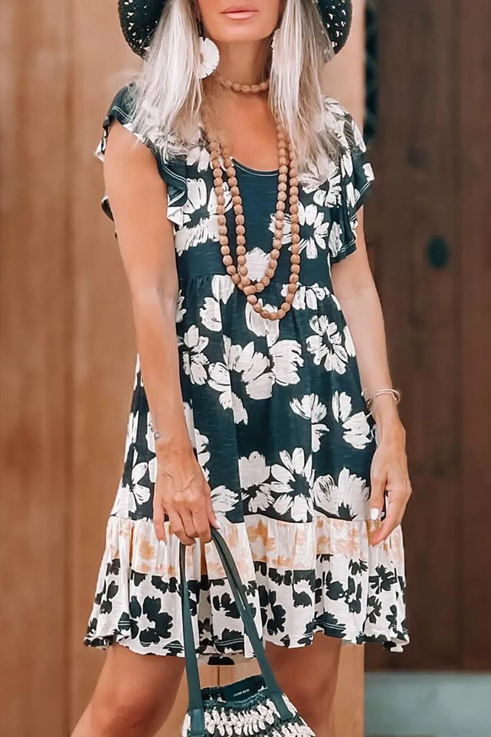 Floral Print Ruffle Sleeve Empire Waist Mini Dress