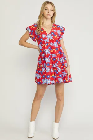 Floral V Neck Tiered Babydoll Dress W/POCKETS