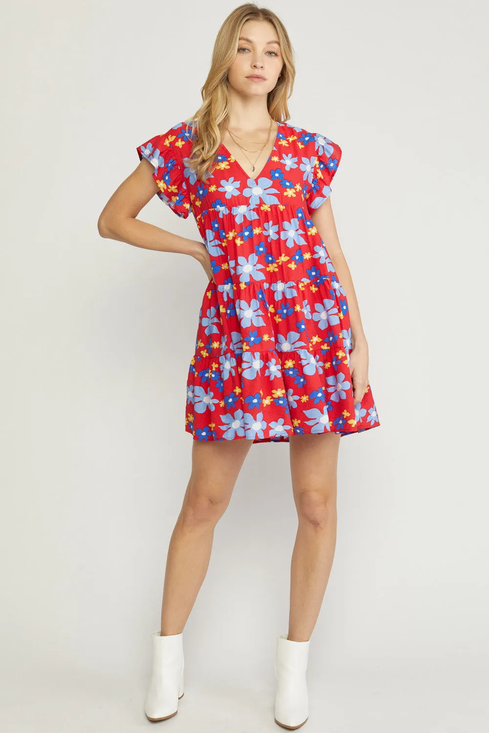Floral V Neck Tiered Babydoll Dress W/POCKETS