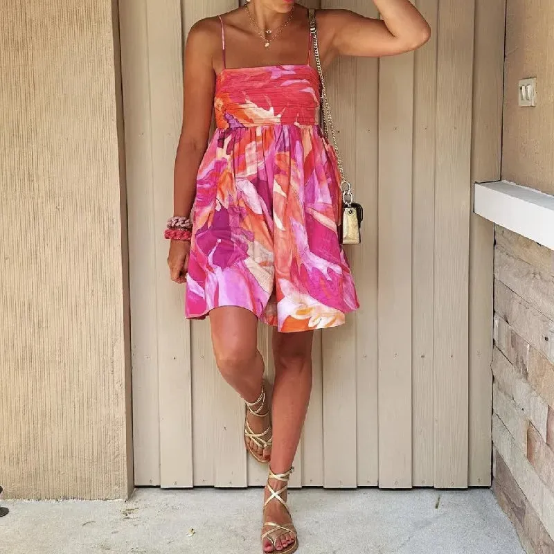 Flower Print Short Dress Slash Collar Ruched Chest Mini Sling Dress Sexy Backless Boho Summer Dress