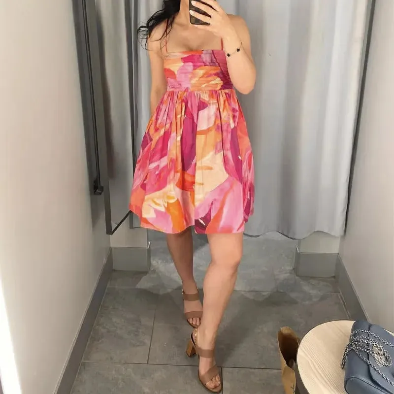 Flower Print Short Dress Slash Collar Ruched Chest Mini Sling Dress Sexy Backless Boho Summer Dress